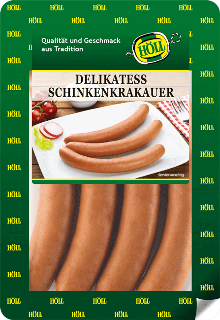 hoell_delikatess_schinkenkrakauer_verpackt_in einer_plastikschale_mit_gruenem_aufdruck_aus_der_bedientheke