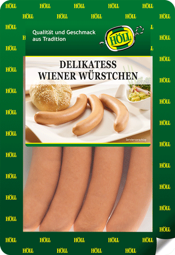hoell_delikatess_wiener_wuerstchen_verpackt_in einer_plastikschale_mit_gruenem_aufdruck_aus_der_bedientheke
