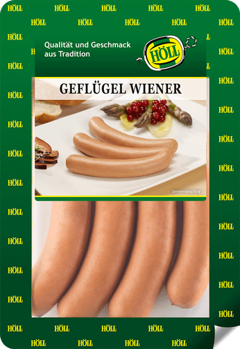 hoell_gefluegelwuerstchen_verpackt_in einer_plastikschale_mit_gruenem_aufdruck_aus_der_bedientheke