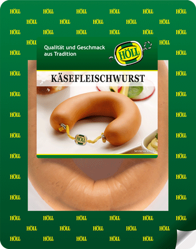 hoell_kaesefleischwurst_verpackt_in einer_plastikschale_mit_gruenem_aufdruck_aus_der_bedientheke