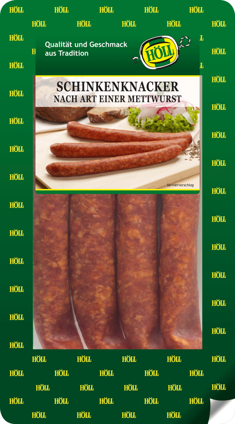 hoell_schinkenknacker_nach_art_einer_mettwurst_verpackt_in einer_plastikschale_mit_gruenem_aufdruck_aus_der_bedientheke
