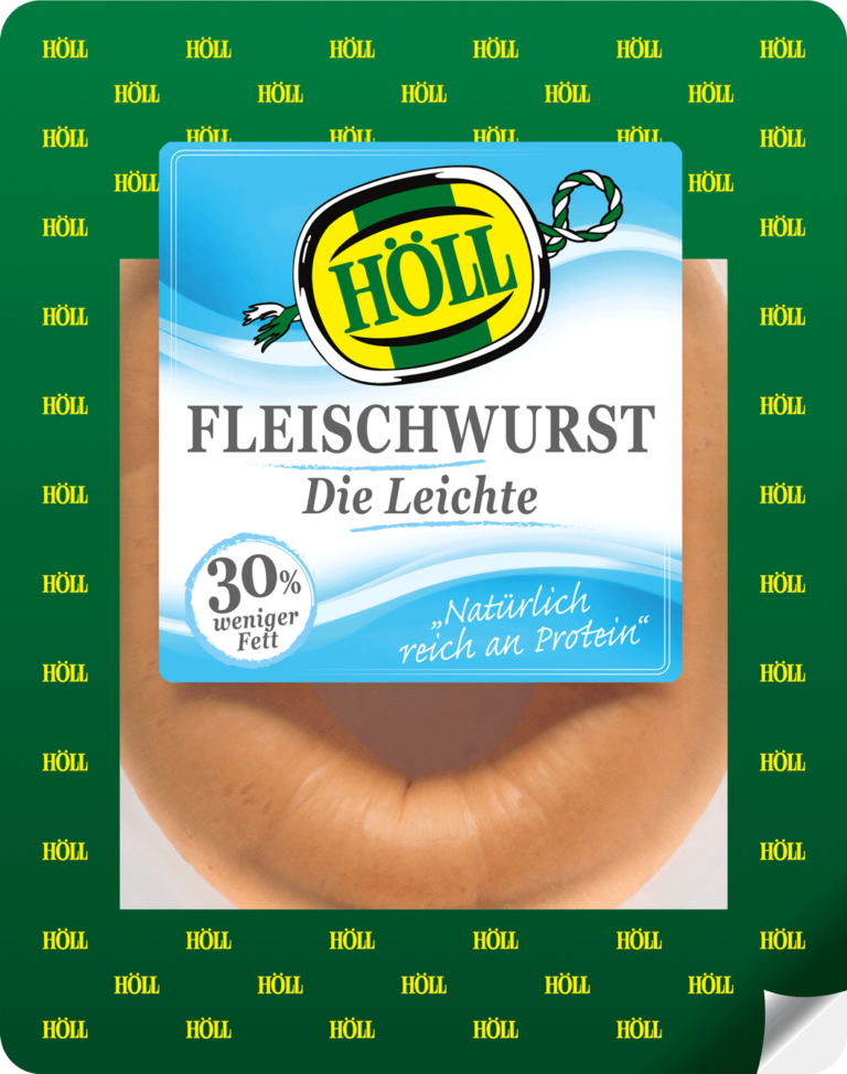 hoell_fleischwurst_fettreduziert_mit_viel_protein_verpackt_in einer_plastikschale_mit_gruenem_aufdruck_aus_der_bedientheke