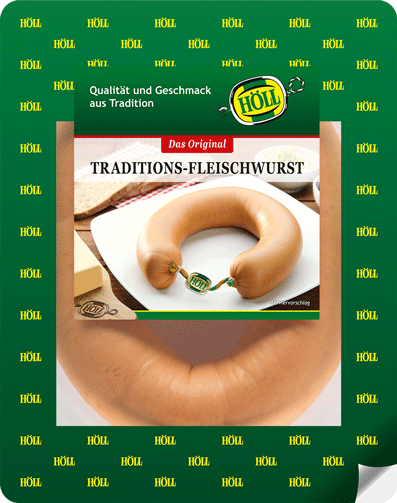 hoell_traditions_fleischwurst_verpackt_in einer_plastikschale_mit_gruenem_aufdruck_aus_der_bedientheke