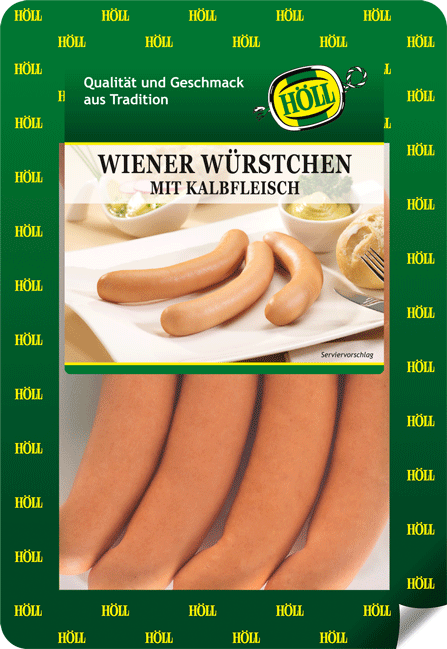 hoell_wiener_wuerstchen_mit_kalbfleisch_verpackt_in einer_plastikschale_mit_gruenem_aufdruck_aus_der_bedientheke